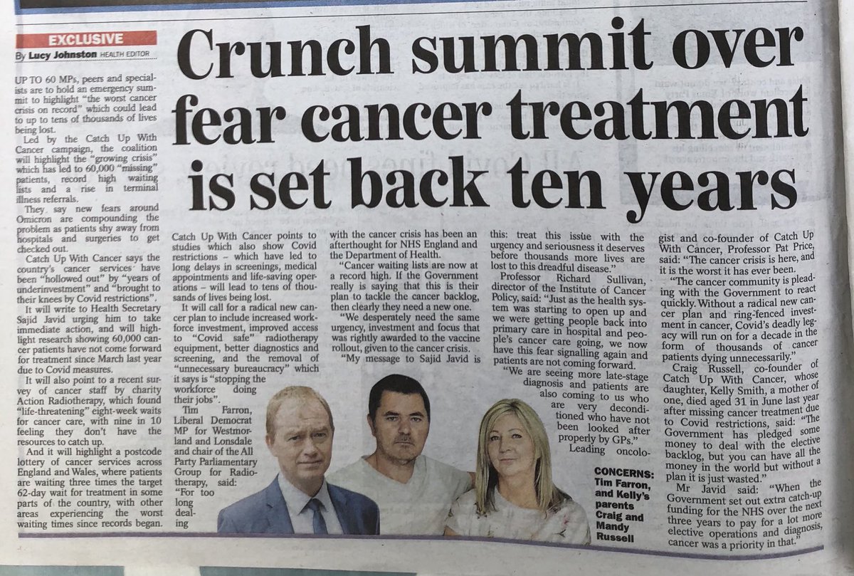 lucy johnston (@thelucyjohnston) on Twitter photo 🚨 Covid collateral / Emergency summit:-
“Worst cancer crisis on record”
60k “missing” patients
“Life threatening waits for care”
“Worst waiting times on record”
Tens of thousands of lost lives predicted
<a href="/RTherapy4Life/">CatchUpWithCancer</a> <a href="/timfarron/">Tim Farron</a> <a href="/ProfKarolSikora/">Professor Karol Sikora</a> 🚨 Covid collateral / Emergency summit:-
“Worst cancer crisis on record”
60k “missing” patients
“Life threatening waits for care”
“Worst waiting times on record”
Tens of thousands of lost lives predicted
<a href="/RTherapy4Life/">CatchUpWithCancer</a> <a href="/timfarron/">Tim Farron</a> <a href="/ProfKarolSikora/">Professor Karol Sikora</a>