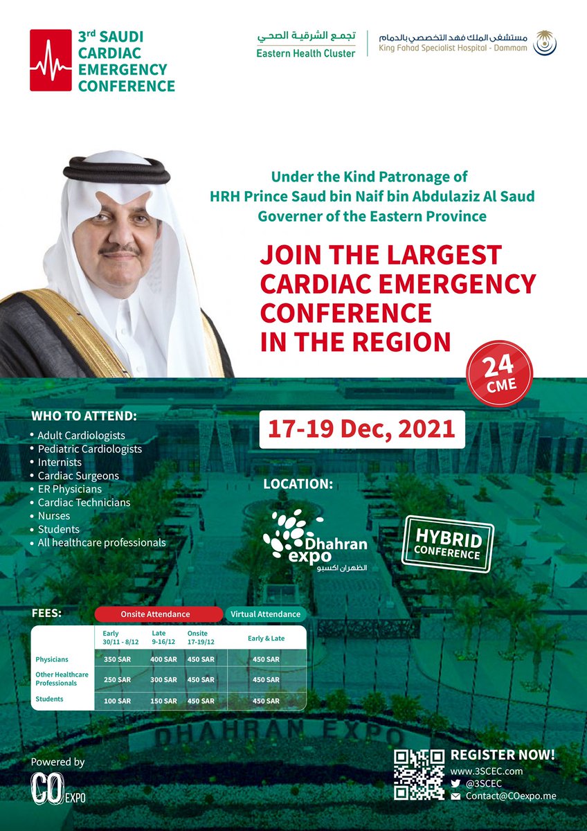 3scec's tweet image. Less than a week away 🔜

3rd Saudi Cardiac Emergency Conference 🫀🚨

📍Dhahran Expo + 💻 Virtual 

🗓 December 17-19, 2021 

⭕️ 24 CME

Day 1️⃣: Pre-conference workshops

Day 2️⃣+3️⃣: Main conference 

🔴 Book your seat: 3SCEC.com 

#3SCEC