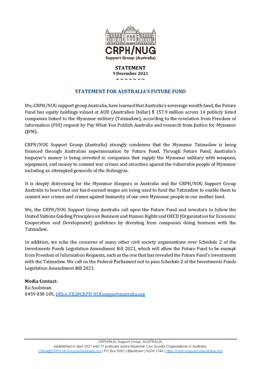 JusticeMyanmar's tweet photo. Glad to see our research on the Future Fund's investments in biz linked to #Myanmar military junta used by CRPH/NUG Support Group (Aust.), @savechildrenaus &amp; Australia Myanmar Institute. Future Fund must end complicity &amp; divest! Our brief &amp; #FOI request 👉🏽https://t.co/ymzl8bQ2Tu https://t.co/ioAfQhaigO