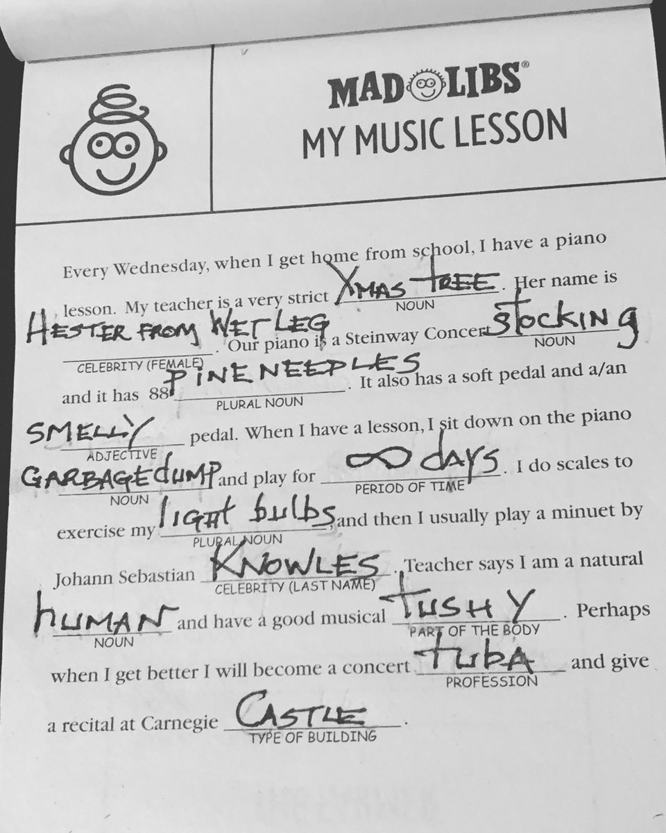 DonnyReports's tweet photo. My kids used #hesterchambers from @wetlegband for their answer for female celebrity. Is this the first time #wetleg has been used as an answer in Mad Libs? 

Hey @brooklynvegan , @bbc6music, @pitchfork , @stereogum , @consequence ... do you have any data on this? https://t.co/XlOGLpKL0d