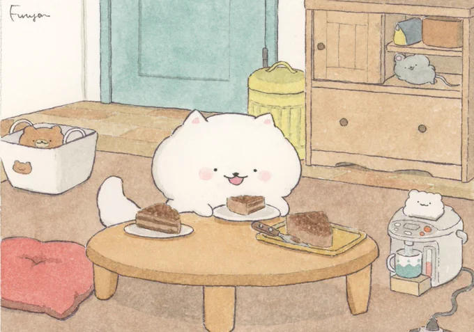 ケーキを取り分けてくれるぽんちゃん 
