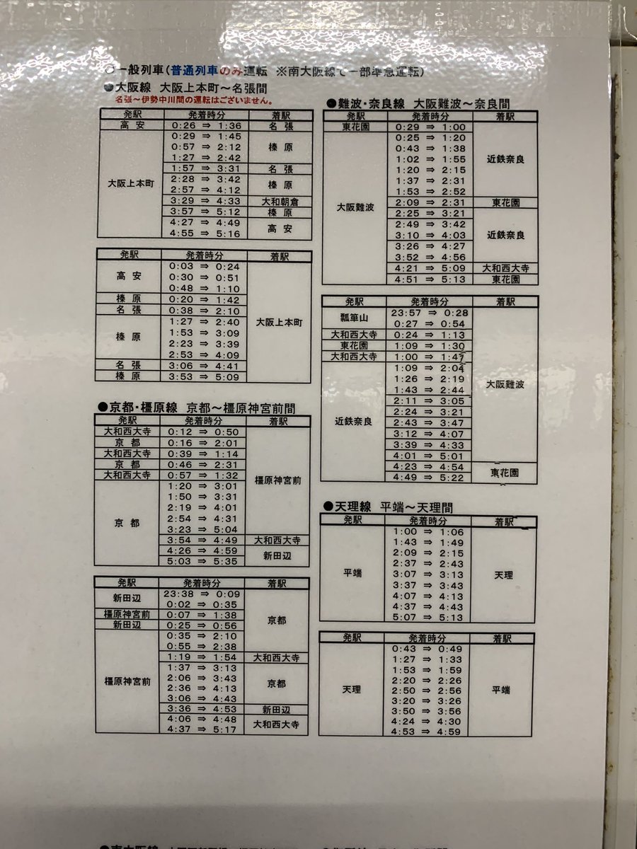 近鉄 今年の終夜運転の時刻表が駅に掲示されていました。(大阪地区) 1