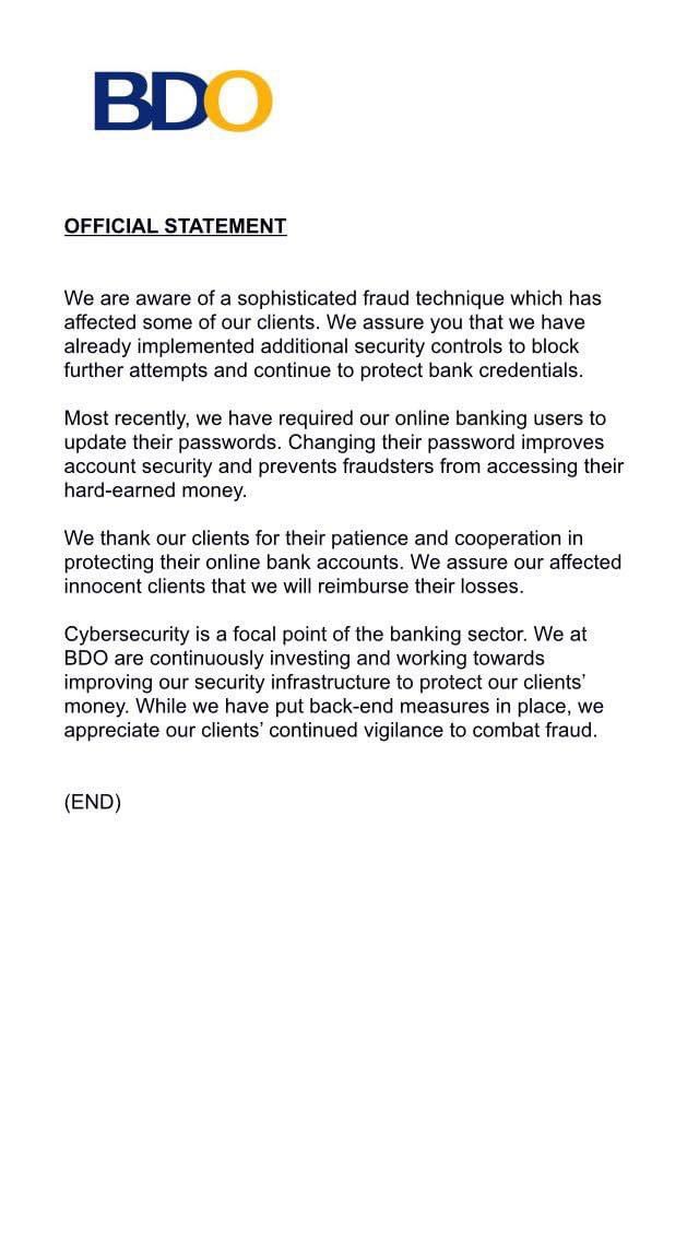 momblogger's tweet photo. Updated. BDO has another official statement on their awareness of of a sophisticated fraud technique. βThey have implemented additional security controls to block further attempts and to continue to protect bank credentials.β Check also possible internal hacking. #bdohacked https://t.co/GqrwdArt8q