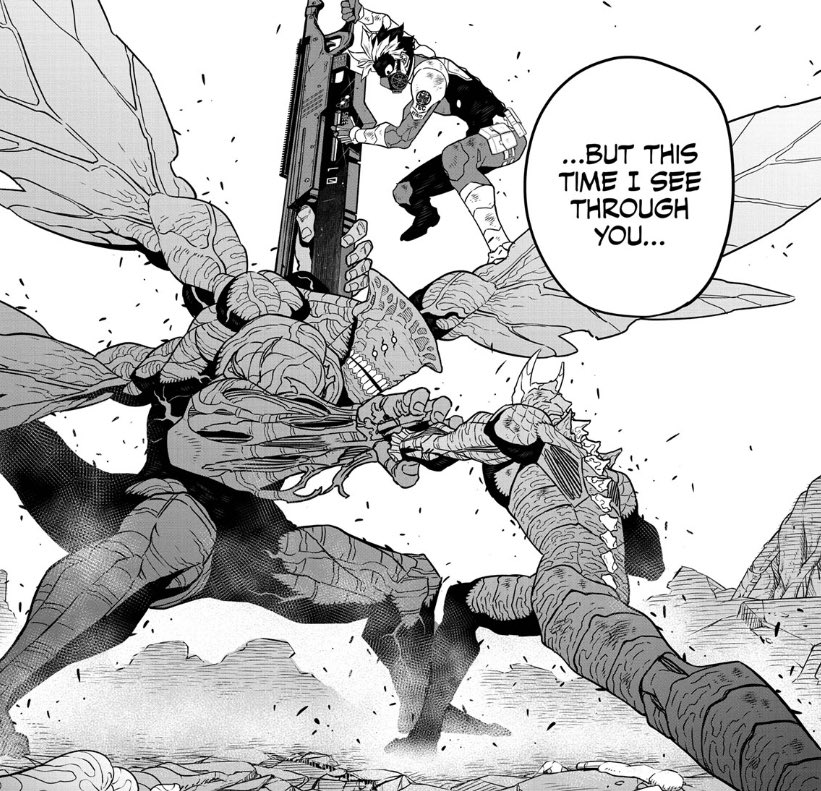 Matsumoto does so much amazing work with Kaiju No 8 istg.
We barely ever see No 9 and yet I still find him extremely intimidating and infuriating. Such an interesting villain.
If you haven't already PLEASE give Naoya Matsumoto's #KaijuNo8 a chance!