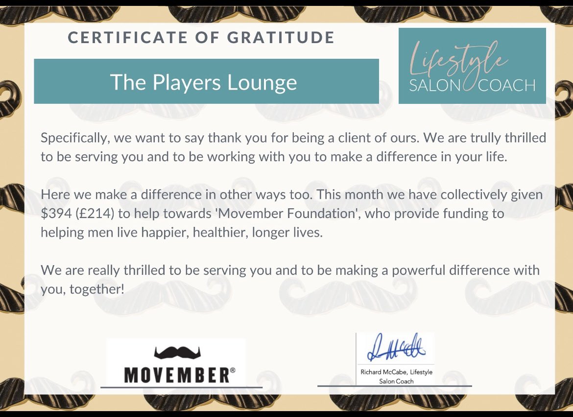 Team players lounge had another awesome month & we are delighted to be giving back to a charity thats close to our hearts ‘MOVEMBER’ who focus on men’s health, esp mental health, suicide prevention & prostrate & testicular cancer. #goodtogiveback #movember #menshealth #charity