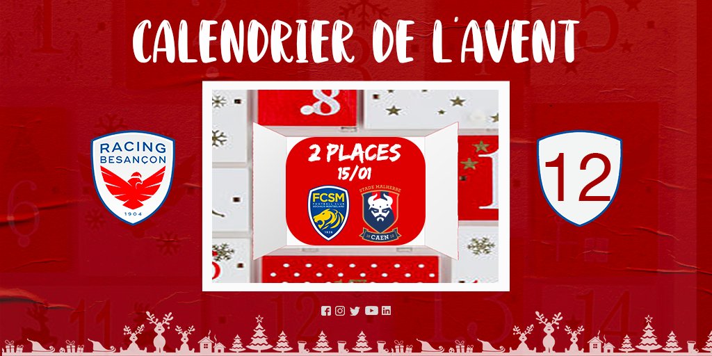 racing_besancon's tweet photo. 🔴🔵 Calendrier de l’avent du Racing Besançon🎄

1️⃣2️⃣ Jour 12 : Notre club partenaire, le @FCSM_officiel  vous offre 2 places pour assister à leur rencontre les opposant au @SMCaen le 15 janvier 2022 ! 🎟 

Pour participer :👇
✅ Follow 
👍 Like  
🔄 RT

Tirage au sort à 18h❗️ https://t.co/uV2dpgdc7U