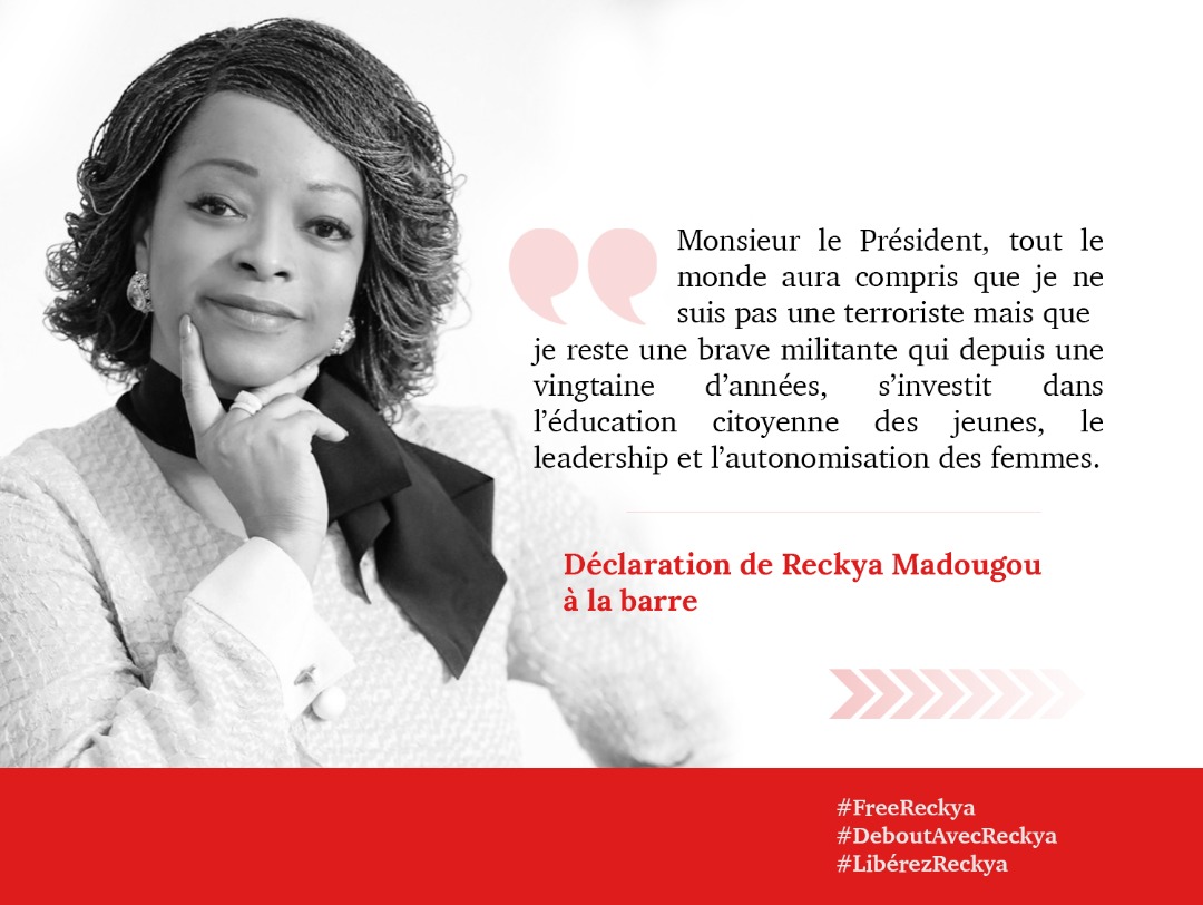 MadougouReckya's tweet photo. Monsieur le Président, tout le monde aura compris que je ne suis pas une terroriste mais que je reste une brave militante qui depuis une vingtaine d’années, s’investit dans l’éducation citoyenne des jeunes, le leadership et l’autonomisation des femmes

Reckya Madougou à la barre https://t.co/eGH5t7ZHFS