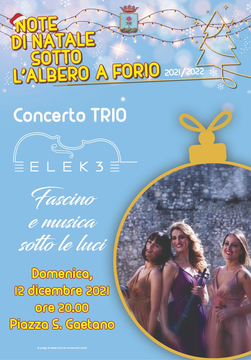 DiscoverIschia's tweet photo. Note di Natale sotto l'albero a Forio concerto in piazza con il trio Elek3 

Appuntamento alle ore 20.00 in piazza San Gaetano 

#ischia #christmas #Natale2021 

@NapoliDaVivere @Reg_Campania @TgrRaiCampania https://t.co/a1kGv5UwEk