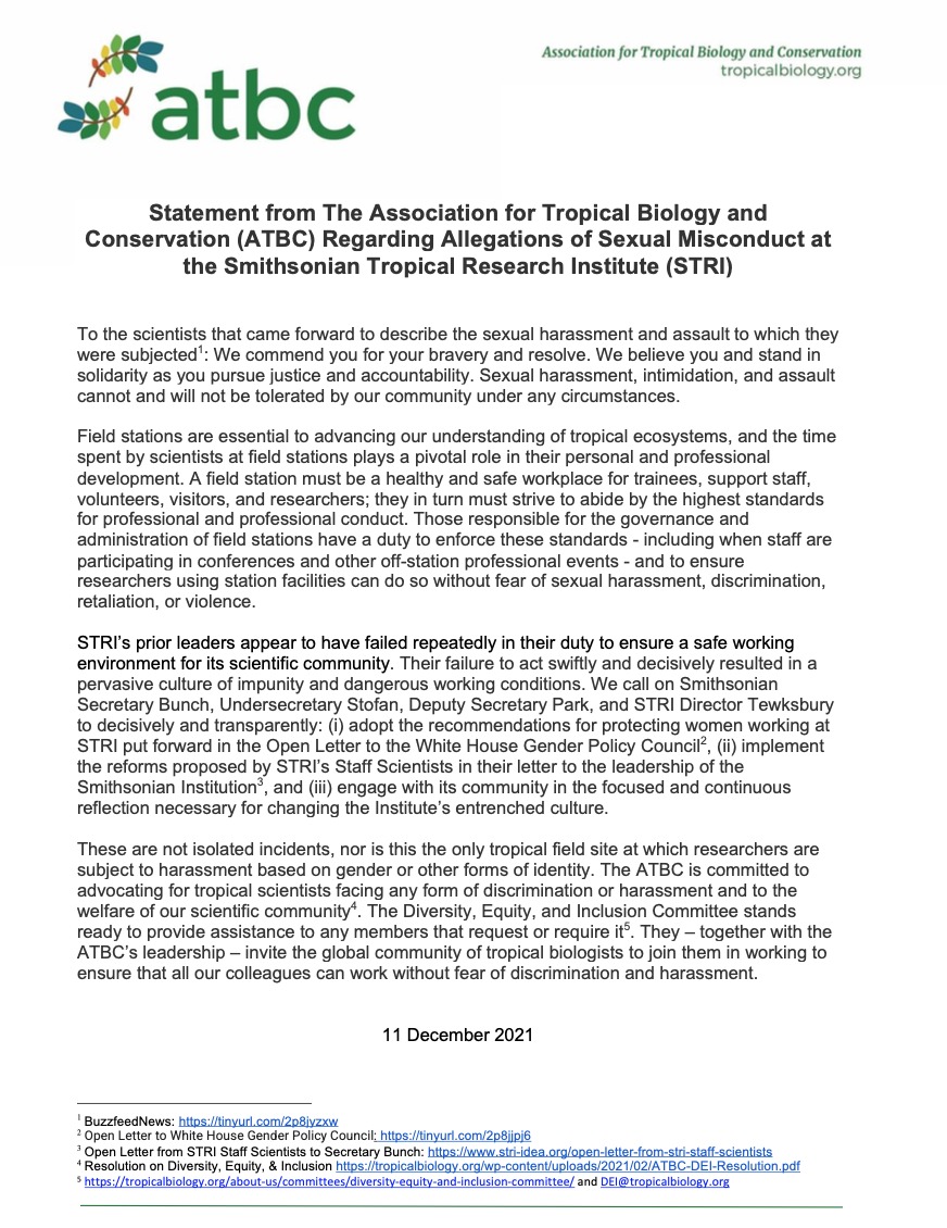 ATBC (@theatbc) on Twitter photo ATBC Statement Regarding Allegations of Sexual Misconduct at the Smithsonian Tropical Research Institute (STRI) 
bit.ly/31ZSsXW ATBC Statement Regarding Allegations of Sexual Misconduct at the Smithsonian Tropical Research Institute (STRI) 
bit.ly/31ZSsXW