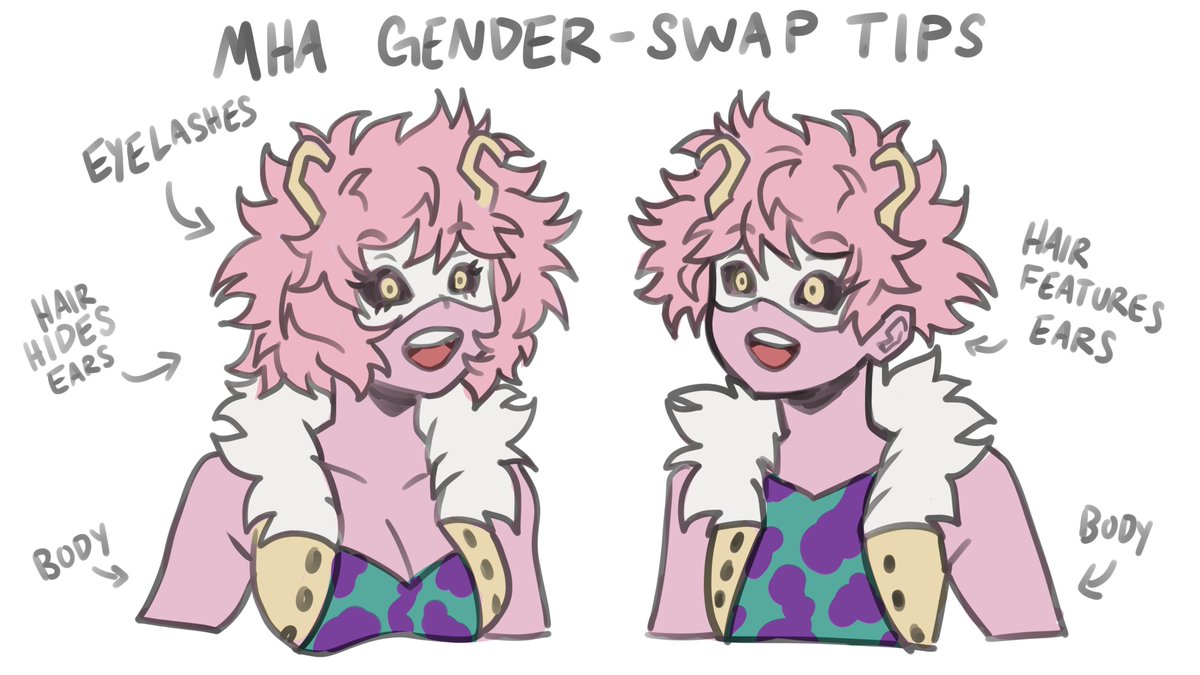 MHA GENDER SWAP TIPS
🎨🎨🎨🎨🎨🎨🎨
In case you've ever struggled to draw a gender swap, I think Horikoshi keeps it pretty simple, and I'd say you don't usually need to tweak designs much.

Consider this: Mina and Deku have very similar hair, don't they? What are the differences?