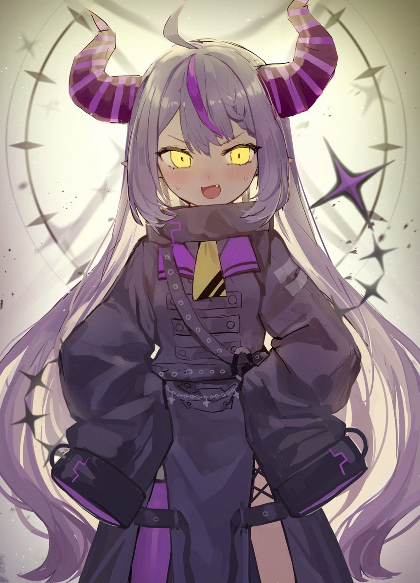 la+ darknesss 1girl solo horns yellow eyes long hair purple hair streaked hair  illustration images