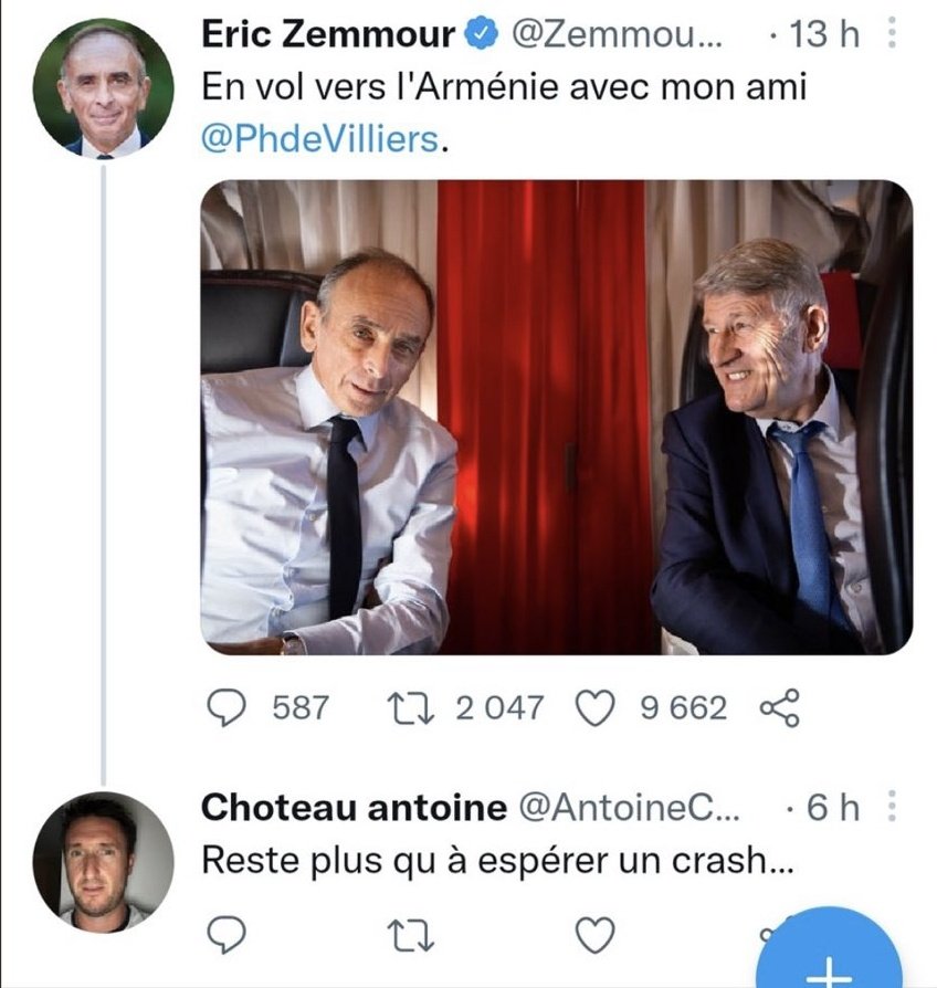MaudPK's tweet photo. 🔴 Le gendre de Brigitte Macron, Antoine Choteau, a formulé l'espoir de voir l'avion qui transportait @ZemmourEric et @PhdeVilliers en #Arménie s'écraser. Il a ensuite désactivé son compte. https://t.co/gmRF7Mh4Gr