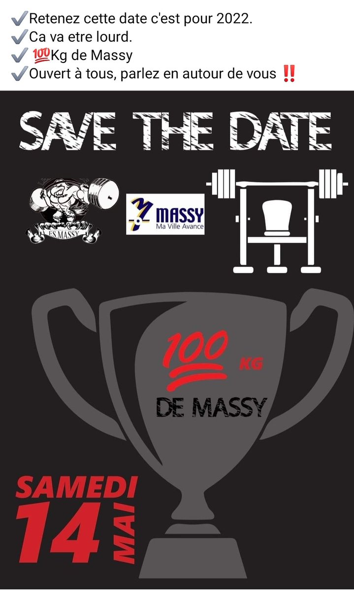Annonce pour 2022... Retenez cette date !!! 🏋️🏋️🏋️
<a href="/Cyrilpower91/">Cyril Pinguet</a> <a href="/villedemassy/">Ville de Massy</a> <a href="/nicolas_samsoen/">Nicolas SAMSOEN</a> <a href="/AffichageMassy/">AffichageLibre Massy</a> <a href="/OlivierRoverc_h/">Olivier ROVERC'H</a> <a href="/libriere/">Lionel Briere</a> <a href="/ESportiveMassy/">Entente Sportive de Massy</a> <a href="/dreccypencil/">✍artist✍</a>