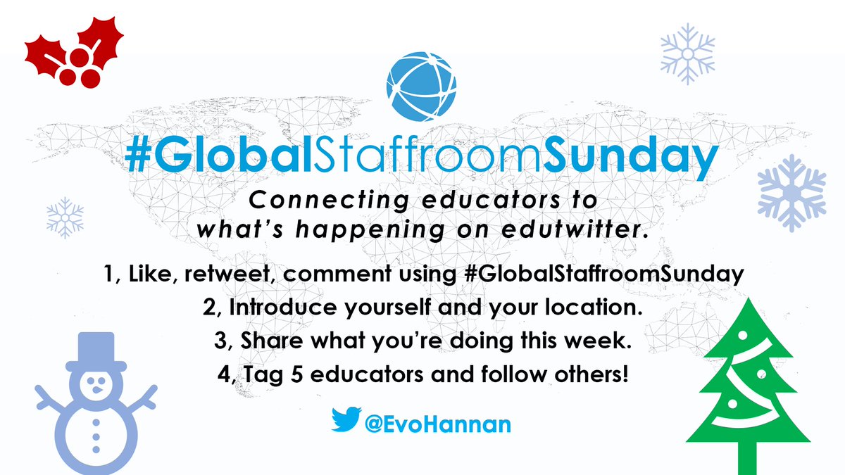Welcome to #GlobalStaffroomSunday🌍. Connecting educators to what's happening on #Edutwitter this week. ✅ Introduce yourself and what you're doing this week 🎙️ ✅ Like, RT, comment with #GlobalStaffroomSunday🌍 ✅ Tag 5 educators, connect, follow others 👍 ✅ Have fun! 🥳