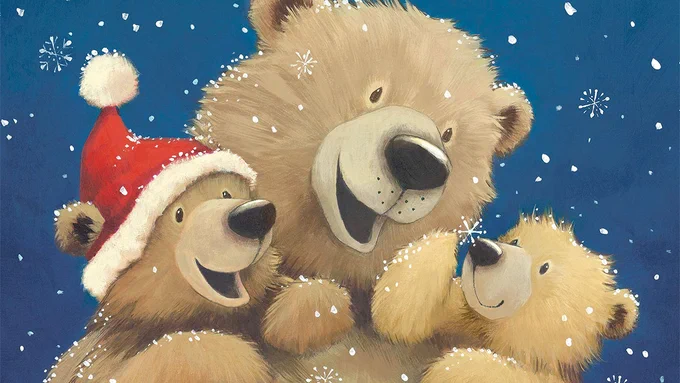 The front cover of The Snowiest Christmas Ever - a bear hugging two cubs, one of which is wearing a Santa hat, as snow falls around them