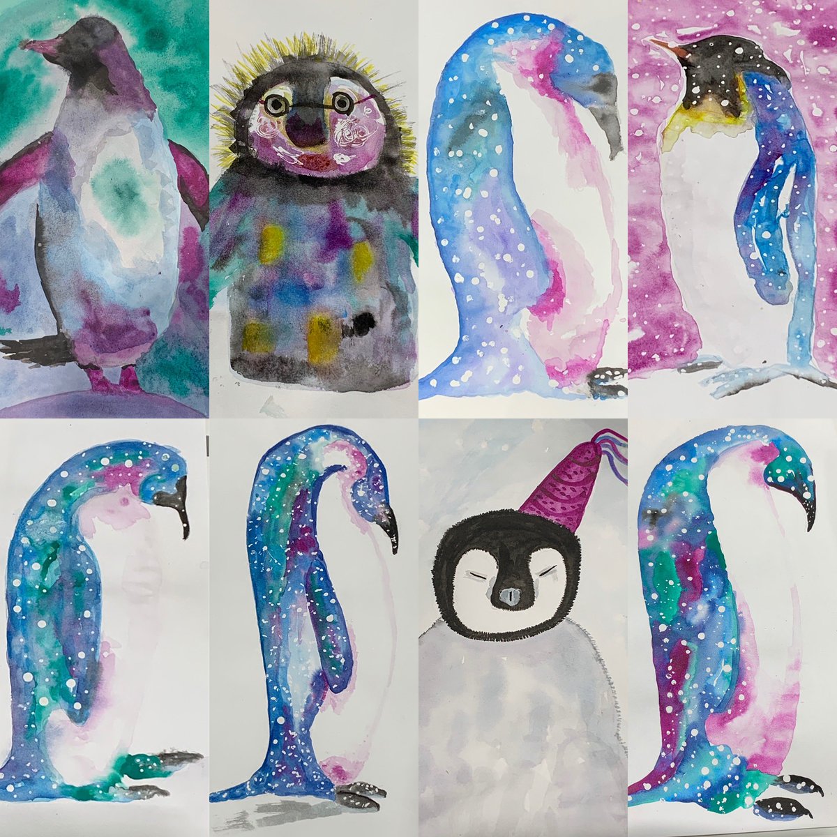 Friday painters created these wonderful penguins using masking fluid and coloured inks…..really great fun . If you want to learn to paint or give someone an arty present for 2022….here’s the link to January bookings 

createartschool.co.uk/offers/vRwebUz…

#penguins #pickupapenguin #inkfun