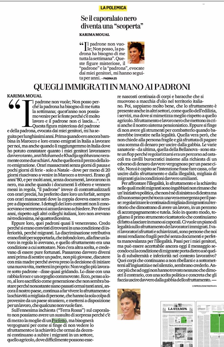 potente e disarmante invettiva di <a href="/karimamoual/">karima moual كريمة موال</a> verso quel pezzo di società civile italiota assuefatta al #caporalato che non vede, non sente e non dice niente. Diritto al lavoro dignitoso e contrasto alla schiavitù significa rafforzare i contratti <a href="/AndreaOrlandosp/">Andrea Orlando</a>