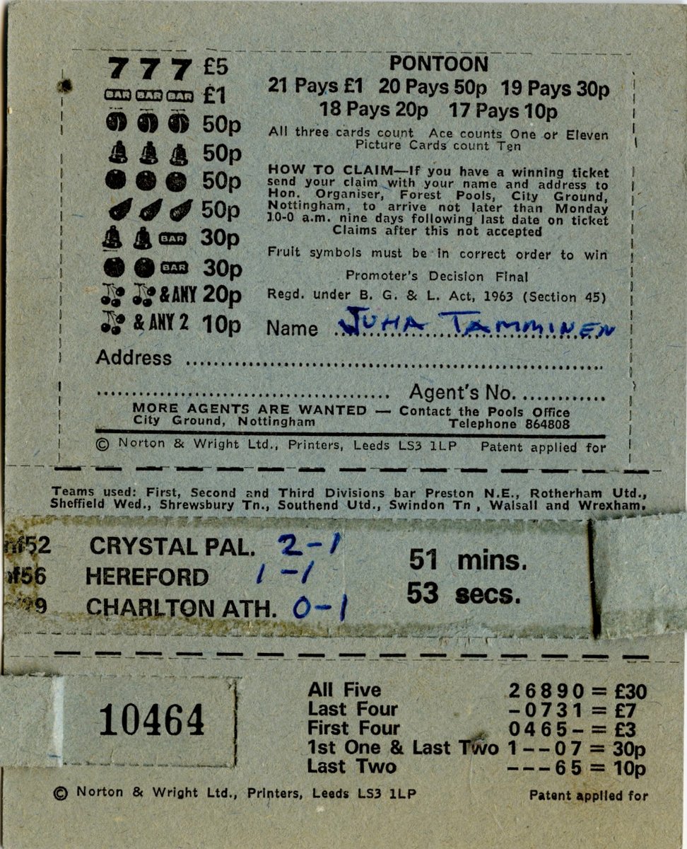 TamminenJuha's tweet photo. No win - thanks for your support... Forest Pools tickets from 1975, 10p each, but back then, you could get a pint of bitter for 16p, if old enough! #NFFC #ForestPools #pools @NFFCArchive @Nffcfamily @NFFCTrust @NFFC_TrentEnd @stephenhumphr12 @_mattappleby https://t.co/aZQ4wldbJk