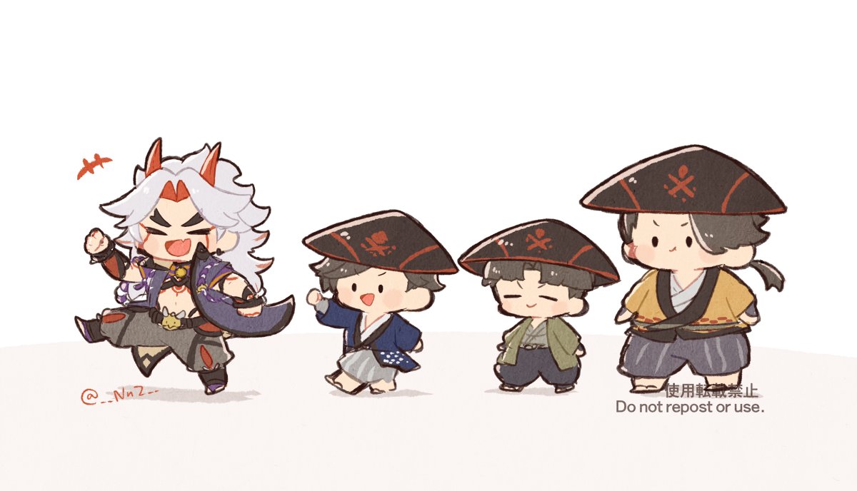 arataki itto multiple boys chibi horns male focus japanese clothes hat long hair  illustration images