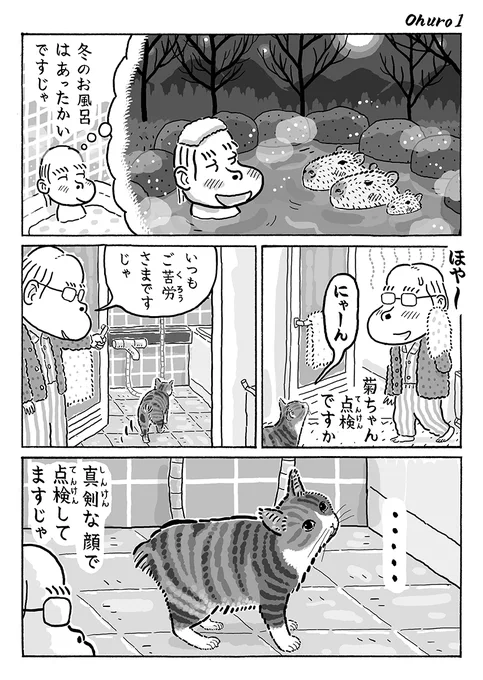 2ページ猫漫画「冬のお風呂」 #猫の菊ちゃん 