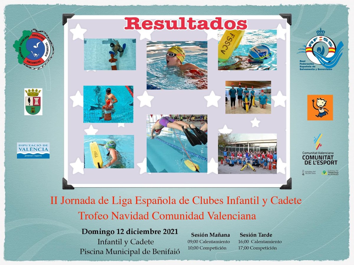 fsscvalenciana's tweet photo. 🔗RESULTADOS PROVISIONALES🔗
V Trofeo de Navidad y II Jornada de liga española de clubes de categorías infantil y cadete que celebramos en la piscina Municipal de Benifaió 12 de diciembre. #FSSCV21
Los resultados se encuentran en el siguiente enlace: https://t.co/PjCtKzE9KO https://t.co/oJBFGWfkLR