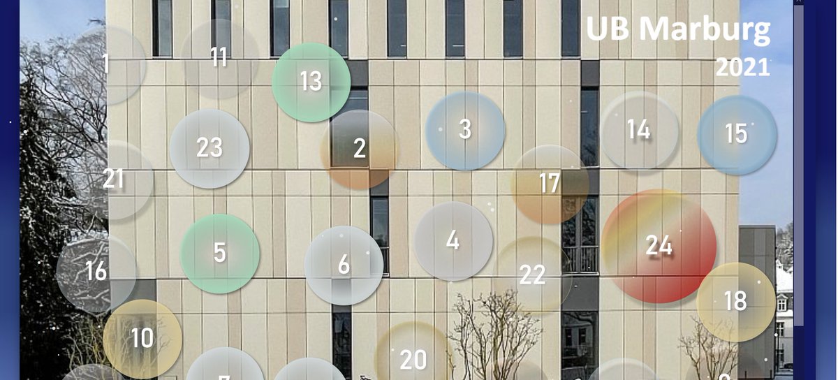 Leicht verdaulich und schwer angesagt: der virtuelle Adventkalender der UB Marburg hat zum 3. Advent seine 2. Halbwertszeit erreicht. Hinter jedem Türchen verbirgt sich Hilfreiches und Interessantes zum Thema Studieren in der UB. uni-marburg.de/EixZa Foto: S. Saker/Timo Glaser