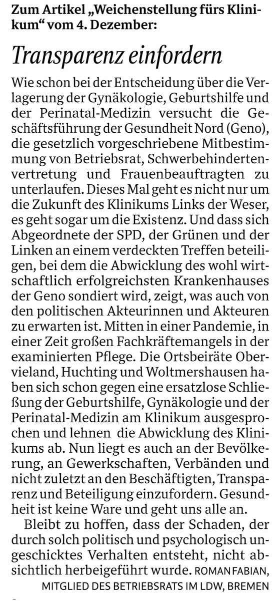 Heute im WK, die Leserbriefe von Claudia und mir. Der Kampf um unser Krankenhaus auf der linken Weserseite hat erst begonnen. Macht mit, gemeinsam setzen wir die Standortsicherung durch!
