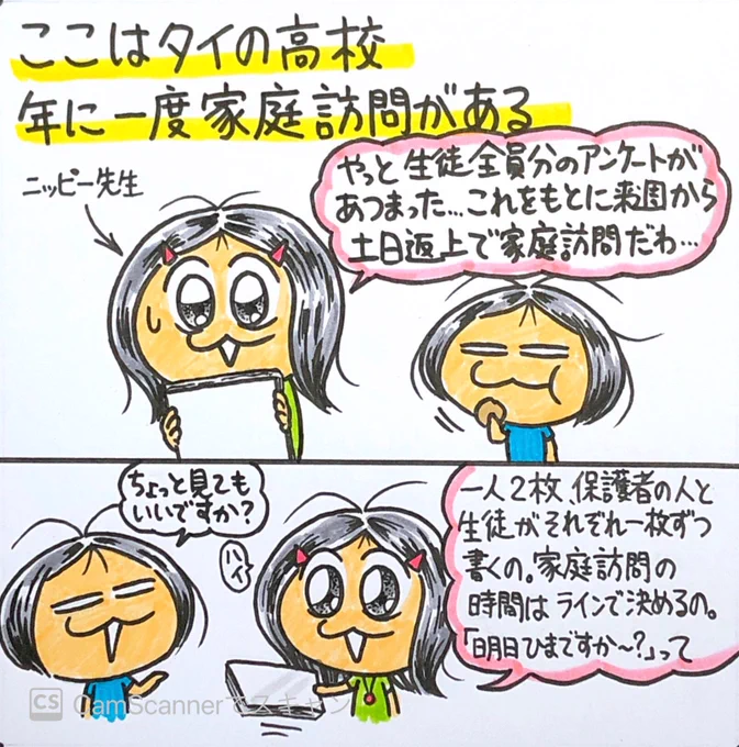 【タイの高校の家庭訪問】放課後だと、先生の車に生徒数人詰め込んで、うちに送り届けるついでに家庭訪問というパターンがよくある。生徒みんなでうちにお邪魔しておしゃべりw 