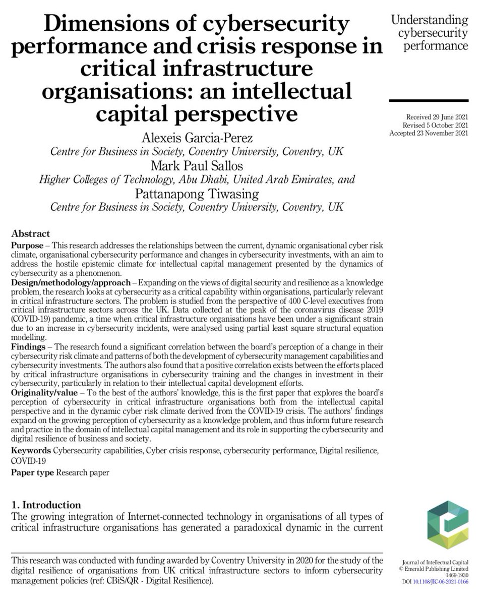 Pattanapong Tiwasing156 (@oakpattanapong) on Twitter photo 🚨New Paper Alert🚨 <a href="/AlexeisGarcia/">Alexeis Garcia-Perez</a>, <a href="/sallosmark/">Mark Sallos</a> and I explored board’s perception on their cybersecurity performance and crisis response in UK critical infrastructure sectors. Now published in <a href="/journal_capital/">The Journal of Intellectual Capital</a>, More details here: emerald.com/insight/conten… <a href="/DataCbis/">CBiS - Data, Organisations & Society</a> 🚨New Paper Alert🚨 <a href="/AlexeisGarcia/">Alexeis Garcia-Perez</a>, <a href="/sallosmark/">Mark Sallos</a> and I explored board’s perception on their cybersecurity performance and crisis response in UK critical infrastructure sectors. Now published in <a href="/journal_capital/">The Journal of Intellectual Capital</a>, More details here: emerald.com/insight/conten… <a href="/DataCbis/">CBiS - Data, Organisations & Society</a>