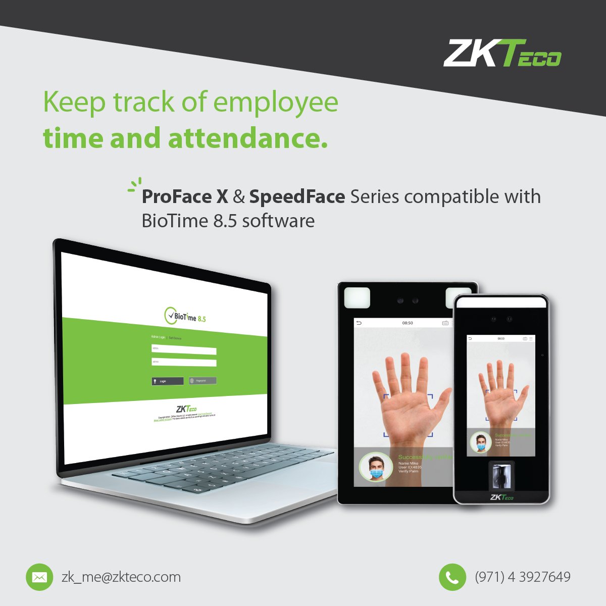 ZKTecoME's tweet image. Keep track of your employees&apos; time and attendance using our facial and palm recognition terminals that are perfectly working with our BioTime 8.5 web-based time management software.

Know more by visiting zkteco.me

#timeandattendance #touchlessbiometrics