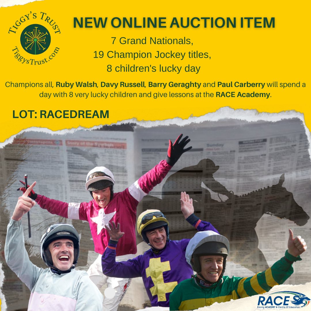🚨𝐃𝐎𝐍’𝐓 𝐌𝐈𝐒𝐒🚨𝐂𝐋𝐎𝐒𝐄𝐒 𝐓𝐎𝐍𝐈𝐆𝐇𝐓 🚨
7 Grand Nationals✅
19 Champion Jockey Titles✅
8 Children’s Lucky Day✅

Champions all, <a href="/Ruby_Walsh/">Ruby Walsh</a> <a href="/_Davy_Russel_/">Davy Russell</a> <a href="/BarryJGeraghty/">Barry Geraghty</a> <a href="/paulcarberry/">Paul Carberry</a> will spend a day with 8 very lucky children and give lessons at the <a href="/RACEIreland/">RACE</a>