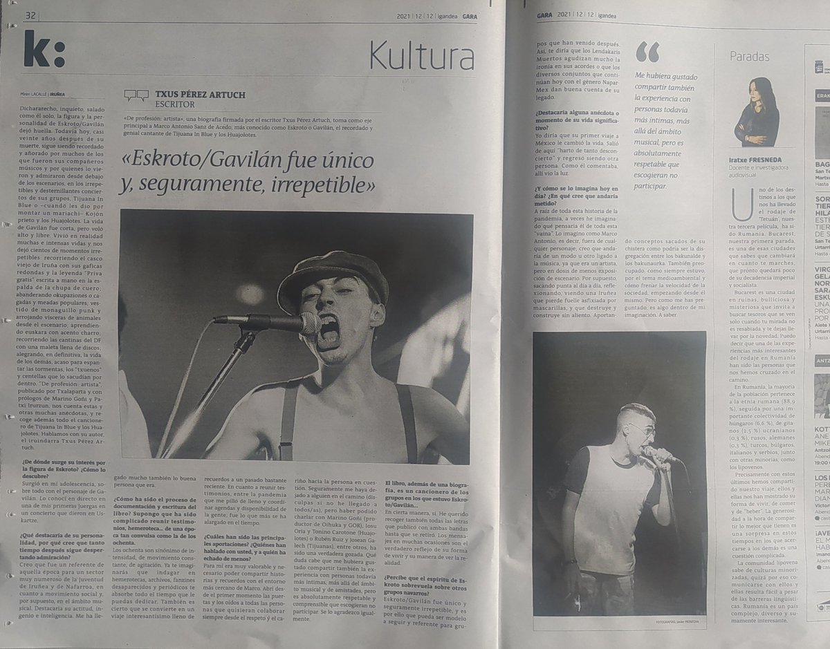 patxiirurzun's tweet photo. Hoy en Gara/Naiz Miren Lacalle entrevista a Txus Pérez Artuch, sobre "De profesión: artista", la biografía de Eskroto/Gavilán en la que junto con Marino Goñi participo con uno de los prólogos. Las fotos son de Javier Montoya.
#eskroto
#gavilan
#tijuanainblue 
#huajolotes https://t.co/PERw4JTfZa