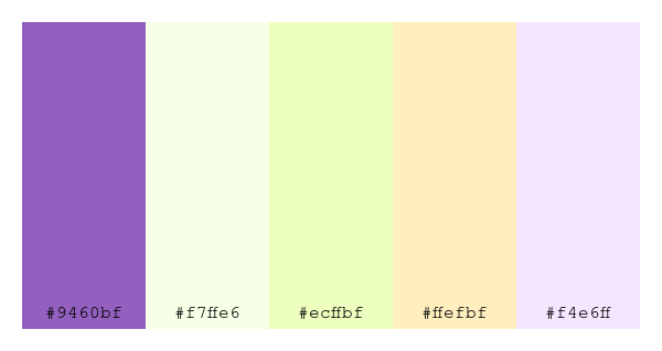 ColPaletteBot's tweet photo. Beep beep, here's a pretty color palette for you!
color-scheme.js parameters used:
- hue: 293
- variation: light
- colors: #9460bf, #f7ffe6, #ecffbf, #ffefbf, #f4e6ff
Have a lovely day!
#twitterbot #colorpalette #colors #palette #prettycolors https://t.co/qSNSdIm7nn