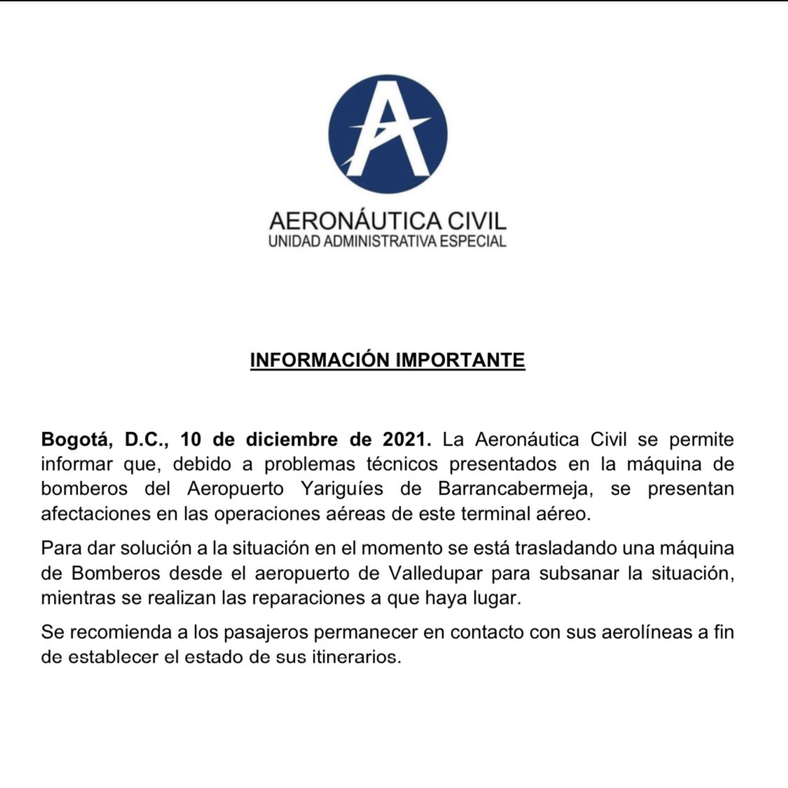 .<a href="/AeroCivilCol/">Aeronáutica Civil</a> informó que se presenta afectación en las operaciones de <a href="/AeroYariguies/">Aeropuerto Barrancabermeja</a> por fallas en el vehículo de bomberos.