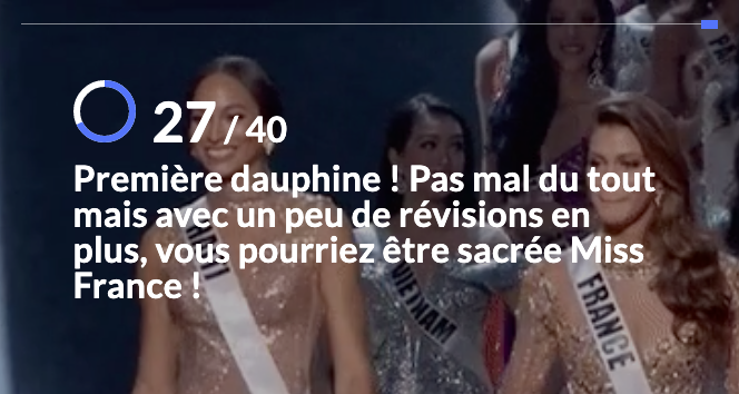 Merci à tous d'avoir suivi le live d'hier pour l'élection de #MissFrance2022 !
Un pic à 14 viewers un samedi, c'est super cool 👍
On reviendra avant Noël ne vous inquiétez pas avec un beau live de fin d'année !
Restez connectés les alpagas 🦙

PS : voilà notre score au quiz ⬇️