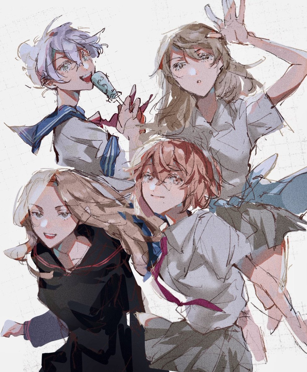 multiple girls 4girls school uniform long hair skirt shirt smile  illustration images