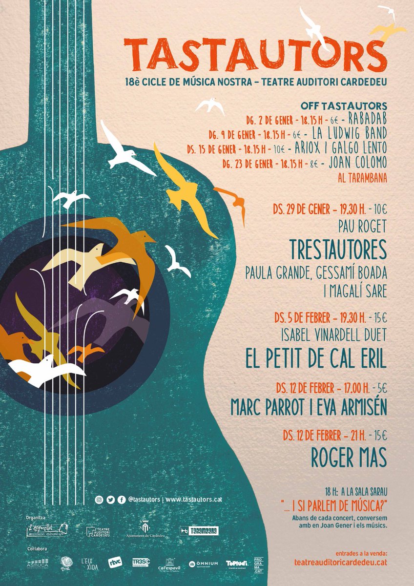 Tastautors (@tastautors) on Twitter photo Atenció! 18è #TASTAUTORS a la vista! Comencem dg 2 amb Rabadab a l'OffTastautors de <a href="/eltarambana/">Tarambana</a>!
La Lugwig Band @arioxcardedeu <a href="/LentoGalgo/">Galgo Lento</a> <a href="/colomomusica/">joan colomo</a>
Entrades a la venda demà a teatreauditoricardedeu.cat:
#Trestautores <a href="/petitdecaleril/">elpetitdecaleril</a>
<a href="/RogerMasOficial/">ROGER MAS</a> #Cardedeu <a href="/teatrecardedeu/">Teatre Auditori Cardedeu</a> Atenció! 18è #TASTAUTORS a la vista! Comencem dg 2 amb Rabadab a l'OffTastautors de <a href="/eltarambana/">Tarambana</a>!
La Lugwig Band @arioxcardedeu <a href="/LentoGalgo/">Galgo Lento</a> <a href="/colomomusica/">joan colomo</a>
Entrades a la venda demà a teatreauditoricardedeu.cat:
#Trestautores <a href="/petitdecaleril/">elpetitdecaleril</a>
<a href="/RogerMasOficial/">ROGER MAS</a> #Cardedeu <a href="/teatrecardedeu/">Teatre Auditori Cardedeu</a>