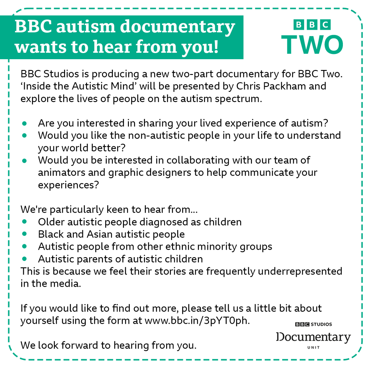 ChrisGPackham's tweet image. Looking to meet other autistic people for my new BBC series . Very keen to hear from Black , Asian or minority ethnic autistic people , older autistic people diagnosed as children &amp;amp; autistic parents of autistic children . Please get in touch here bbc.in/3pYT0ph