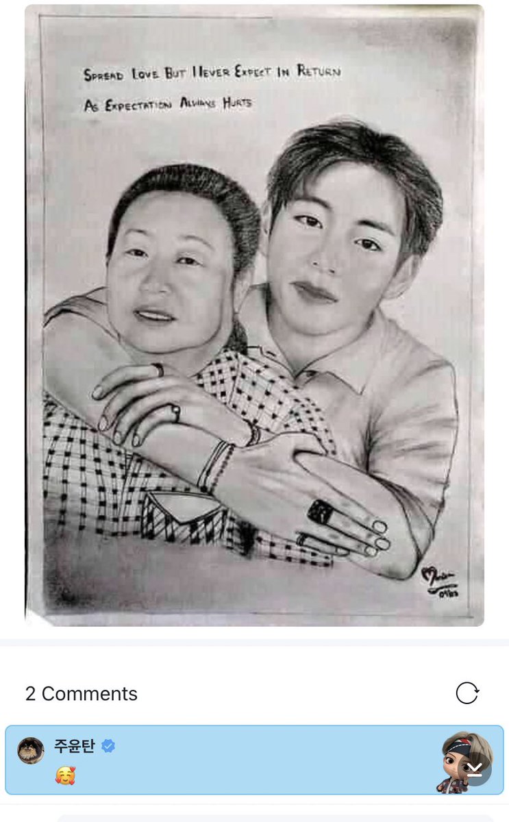 taehyungtannah's tweet photo. Taehyung commented on this fanmade drawing of him and his grandmother 😭😭😭 https://t.co/4eX7swVxcT
