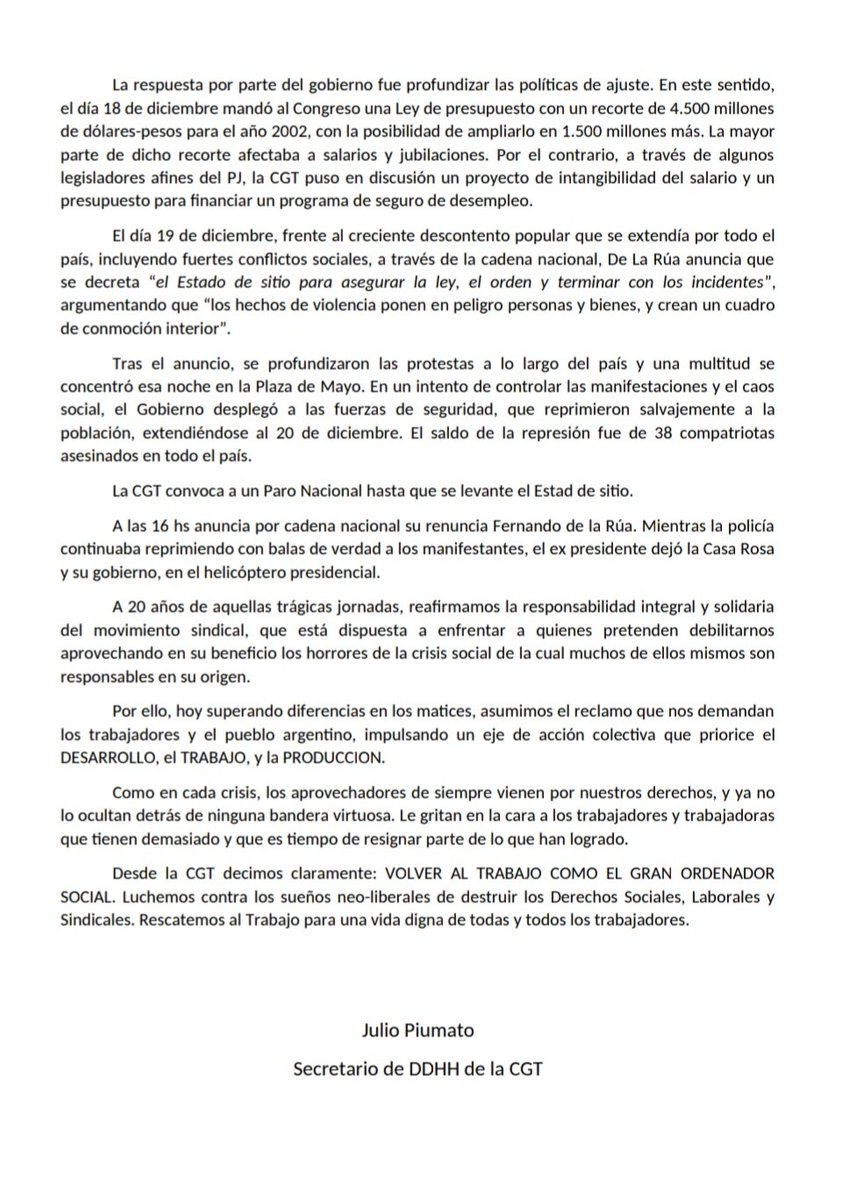 Comparto el Comunicado Oficial de #CGT por los 20 años del 19 y 20 de diciembre de 2001.