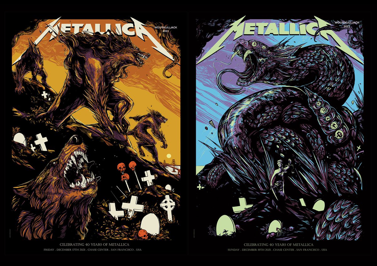 WolfSkullJack's tweet photo. The night 1 and night 2 posters for @Metallica ‘s 40th anniversary show this weekend!
These were such a blast to create! Have you spotted all the song references? https://t.co/yLHO6nP66A