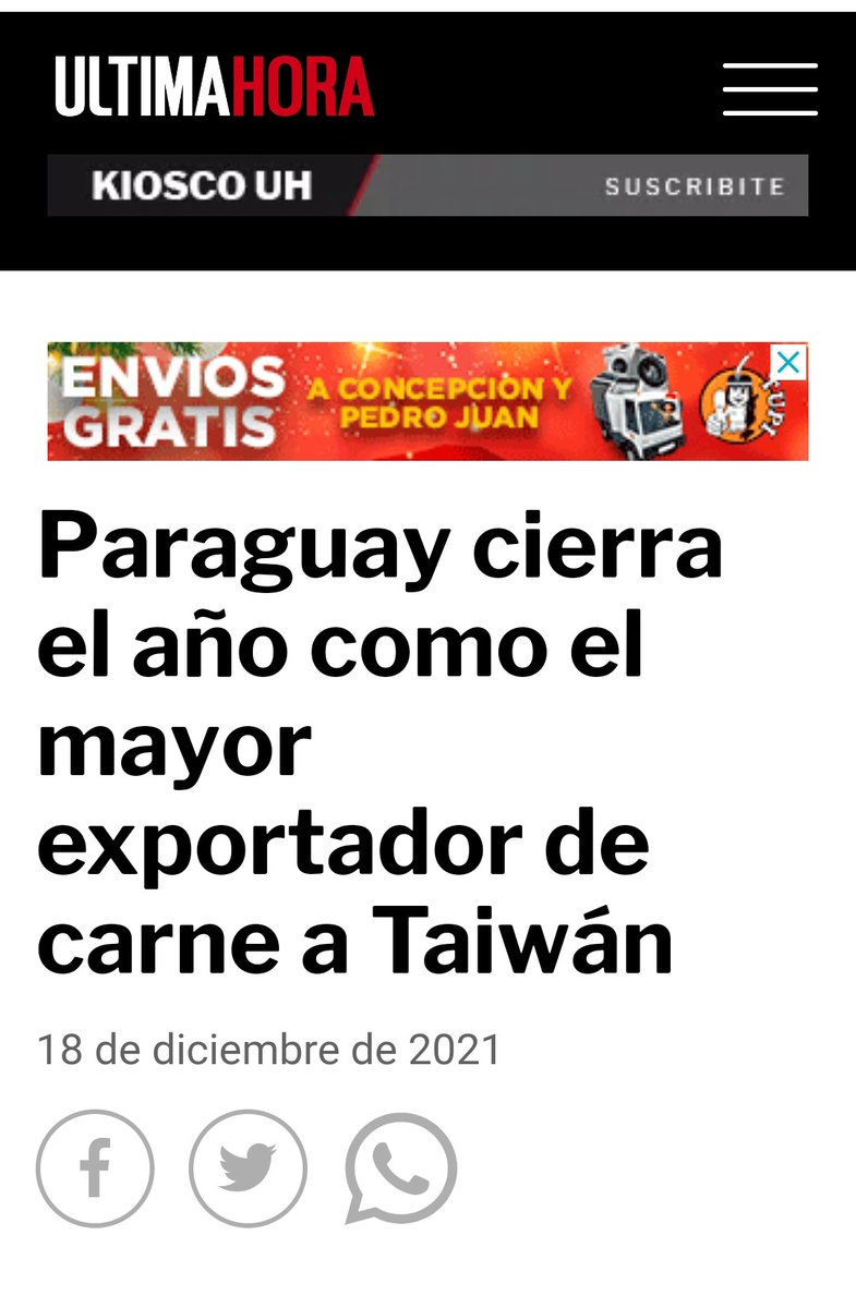 Paraguay todavía está lejos de ser el mayor exportador de carne a Taiwán.

Según datos de la Aduana de Taiwán a Noviembre, importó 123.359 Tn de carne 
Los 4 primeros 
               Tn      Precio 
USA 53.126  10.556
Py.    26.501  5.443
Aus  20.575   7.947
N Z.  16.847   6.239