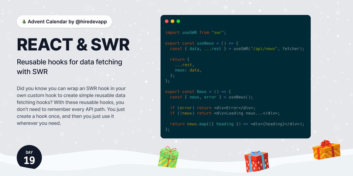 hiredevapp's tweet photo. Day 19 of our #AdventOfCode. Today featuring SWR from @vercel. Do you remember those dark times back when we didn't have hooks in #react? 😰 https://t.co/X2UNz9UXWL