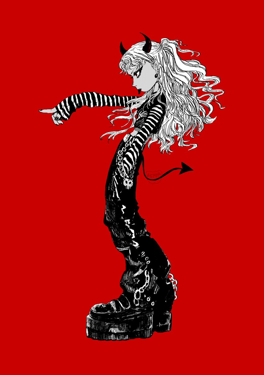 1girl solo horns red background long hair tail demon tail  illustration images