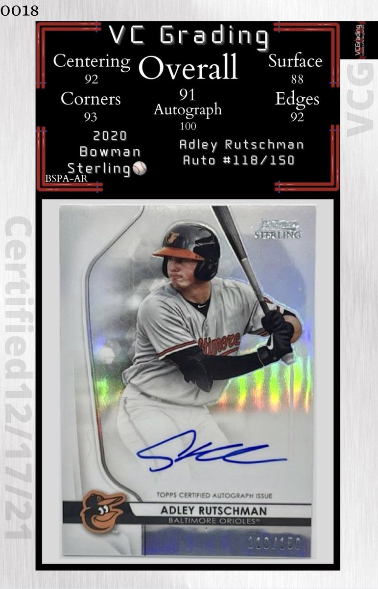 VC_Grading's tweet image. 2020 Bowman Sterling ⚾️ 

Adley Rutschman Auto #118/150

Overall Grade: 91
Autograph: 100

@tcordlecards || #0018
