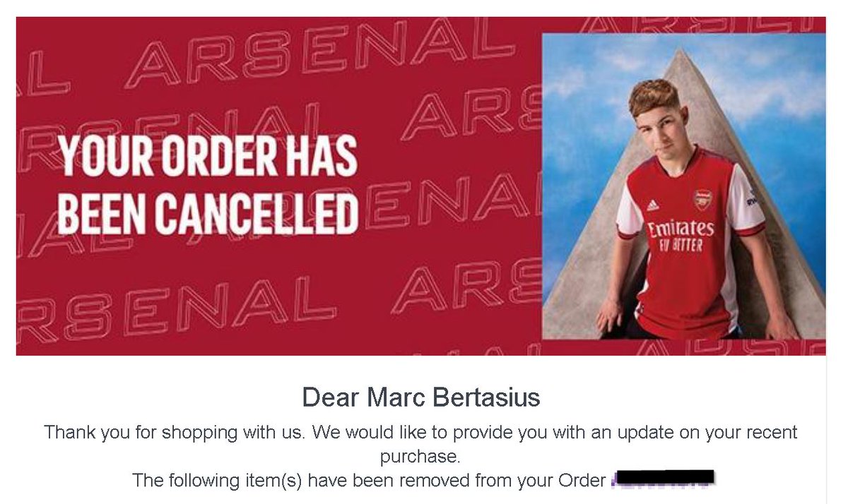 marcbertasius's tweet photo. Not exactly how to endear one's fans, @Arsenal Direct! Cancelling an order the week before #Christmas, that was the main Christmas present on our son's wish list to Santa is one thing, but doing it without an explanation or apology... #poorcustomerservice #hopeheunderstands https://t.co/11HRYundrl
