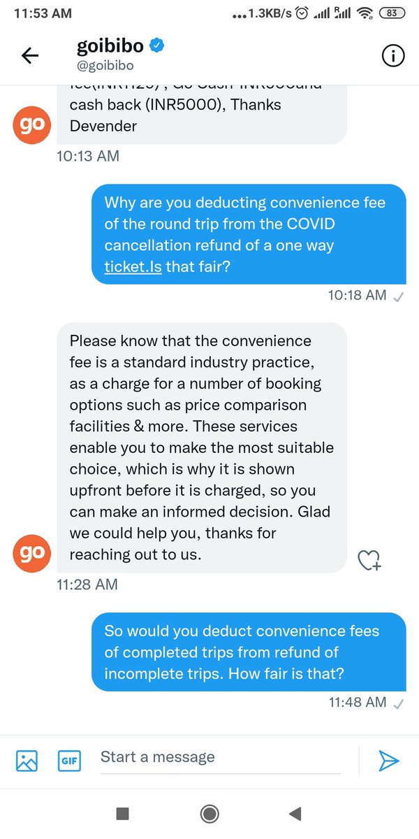 SamirRadia's tweet photo. @aurthurlikesfe1 @goibibo Figure this - Goibibo deducts convenience charge from COVID cancellation refund. They also deduct convenience charge of earlier completed trips from COVID cancellation refunds. They also deduct discounts and offers from earlier completed trips from another one way trip refunds. https://t.co/Vizw92eoh5