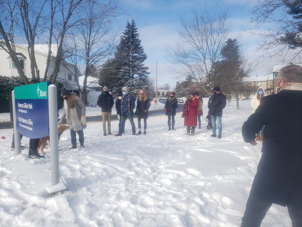 PineviewOttawa's tweet photo. Nice to see @VanessaGilles out with Councillor @TimTierney for the unveiling of Vanessa Gilles Park in #PineviewOttawa

When ⚽ season comes around we'll have a great community event to celebrate. https://t.co/Hy8uJTiowR
