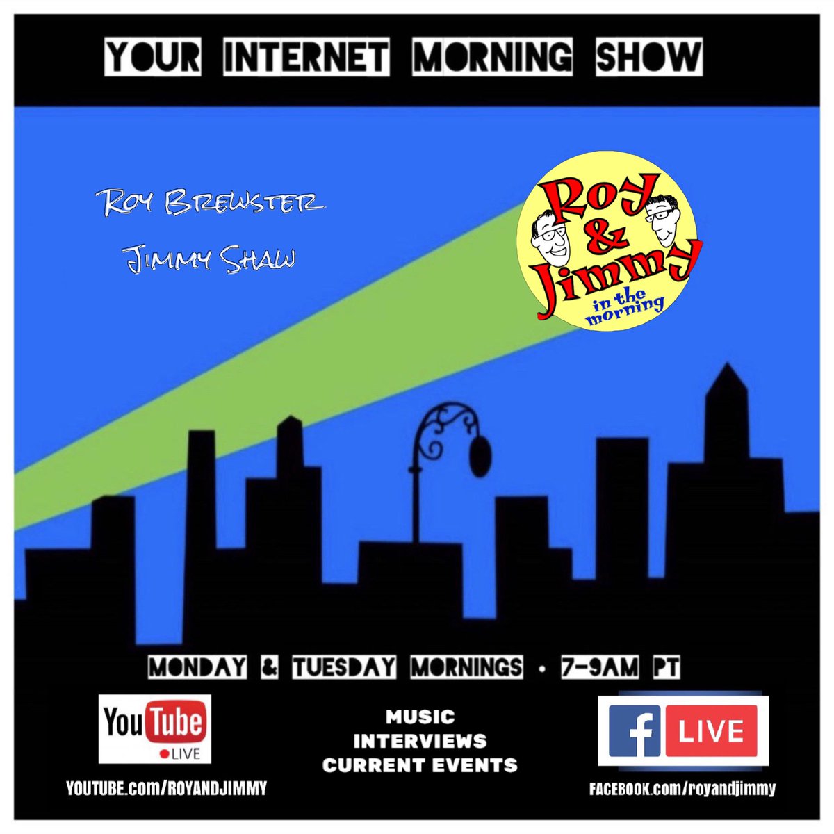 RoyJimmyThing's tweet photo. Tomorrow morning LIVE!!! Start your day with us! #InternetRadio #TalkRadio #tRJt #standup #comics #MorningRadio #LiveRadio #LivePodcast #RoyAndJimmy #YouTubeLive #FacebookLive @Roy_Brewster @JimmyShawComic https://t.co/kK1O8eYVmL