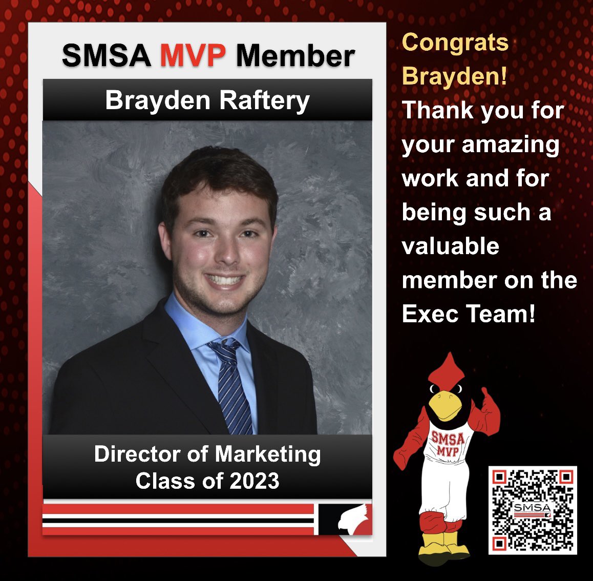 We had such a great fall semester! Our SMSA MVP Member of the Month for December is <a href="/b_raftery8/">Brayden Raftery</a> !

Brayden is a Junior, his dream career is with the Cubs, fav teams are the Cubs and Bulls, and favorite holiday treat is Christmas cookies! Thanks for all your hard work Brayden!